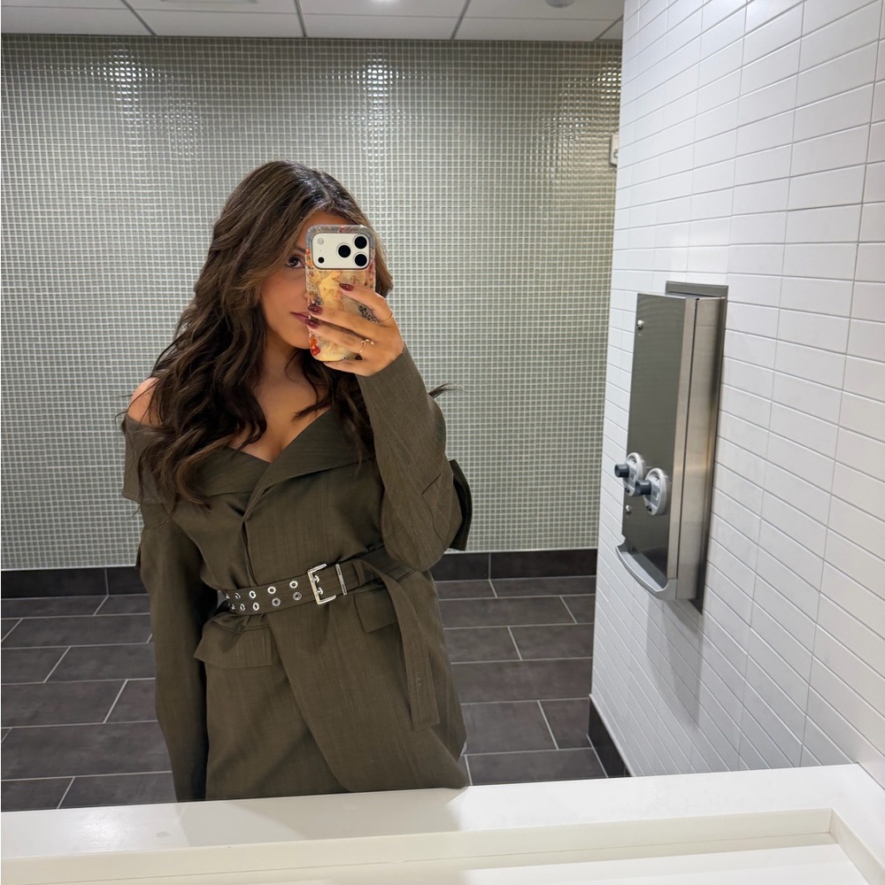 Ganni Olive Off-Shoulder Belted Blazer